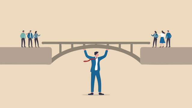 Businessman supporting a bridge between two groups of people, teamwork concept connection