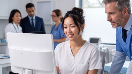 Fototapeta premium Health care team reviewing data in modern medical facility during working hours