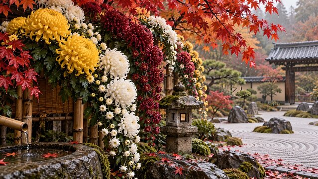 Japanese Autumn Chrysanthemum Festival Traditional Kiku Flowers and Maple Leaves