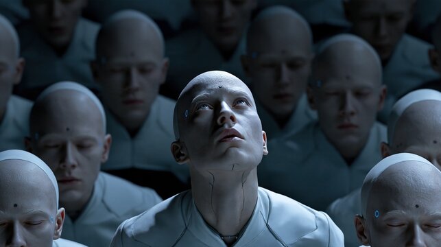 Un humano&iuml;de &eacute;veill&eacute; l&egrave;ve les yeux au milieu d'une foule de clones endormis