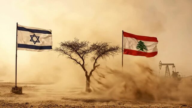 Israel and lebanon flags waving in desert landscape with oil pumps and dust storm, geopolitical energy conflict concept