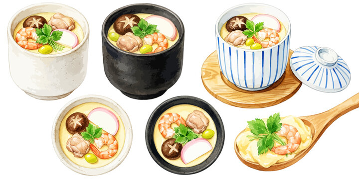 茶碗蒸しの水彩風手描きイラストセット,和食・小鉢・えび・鶏肉・椎茸・かまぼこ・銀杏・三つ葉・真上・スプーン・器・十草模様・お祝い・会席料理・飲食メニューパーツ・販促素材,ベクター,透過PNG