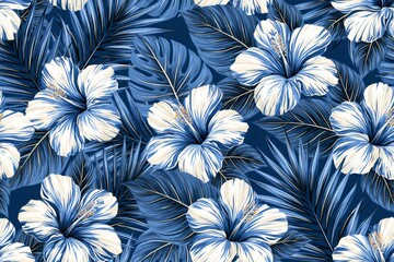 Obraz premium Blue hibiscus tropical floral pattern with palm leaves