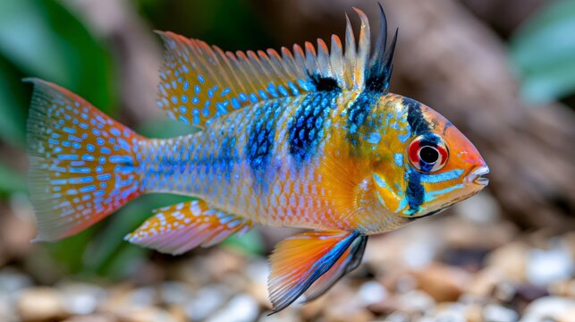 Colorful ram cichlid swimming in tropical freshwater aquarium