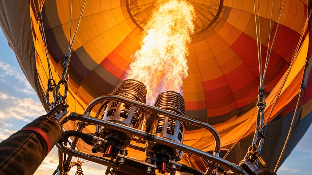 Hot air balloon burner flame inside colorful envelope. View from basket shows bright fire heating air before flight. Travel, adventure and tourism concept for vacation.