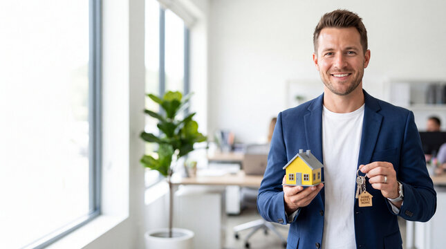 Real estate agent holding a model house and keys inside an office setting during the day