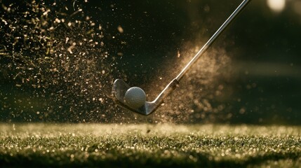 Fototapeta premium Golf club striking golf ball on grass with flying dirt particles during sunset or sunrise in outdoor golf course setting