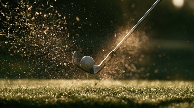 Golf club striking golf ball on grass with flying dirt particles during sunset or sunrise in outdoor golf course setting