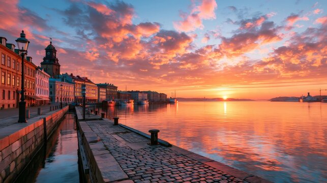 Gothenburg city skyline at sunrise reflecting on gota alv