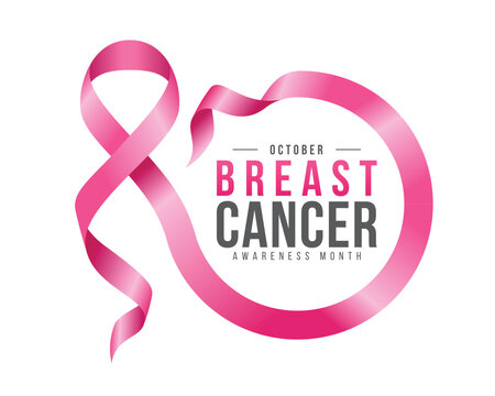 Breast cancer awareness month - Text in circle frame with pink ribbon awareness roll curve shape vector design