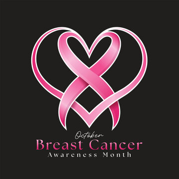 Breast cancer awareness month - Pink heart ribbon awareness cross line curve heart shape on black background vector design
