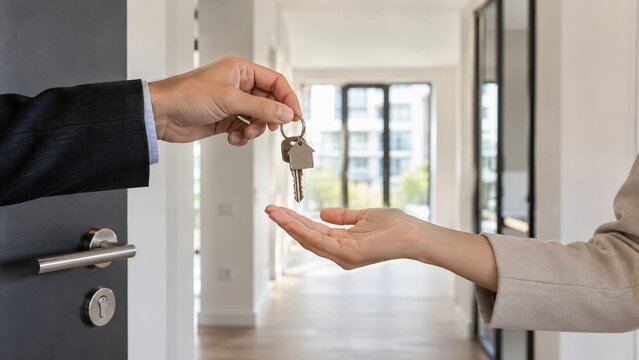A person in a suit hands over house keys to another individual. This exchange signifies a property transaction or new home ownership.