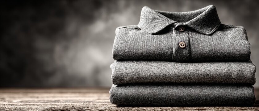 A stack of folded grey polo shirts rests on a wooden surface against a dark, blurred background.