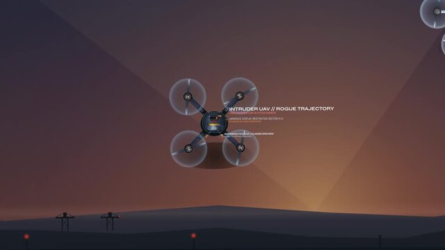 Animation of a counter unmanned aerial system interceptor drone capturing a rogue quadcopter using a pneumatic net discharge, leading to kinetic rotor entanglement and a safe parachute recovery