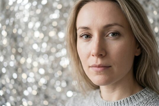 Close Up Portrait of a Blonde Woman with Neutral Expression on Bokeh Background.