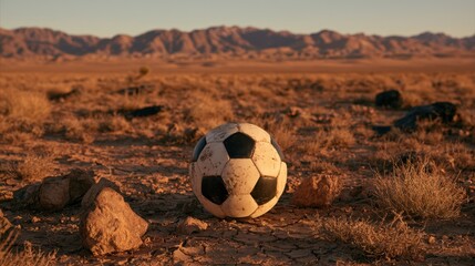 Fototapeta premium Weathered soccer ball abandoned on dry cracked desert ground with rocky terrain and mountain range in warm sunset light