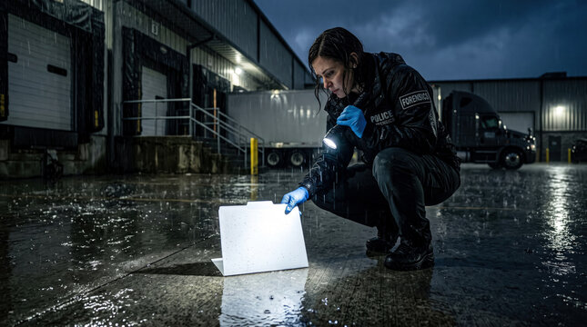 Dedicated forensic expert inspecting a white folder evidence at a warehouse loading dock during a heavy night rain