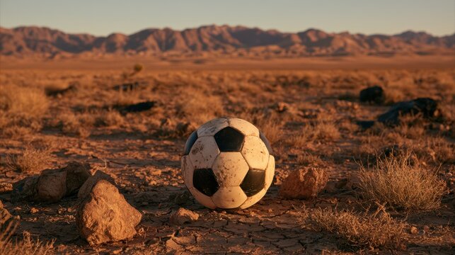 Weathered soccer ball abandoned on dry cracked desert ground with rocky terrain and mountain range in warm sunset light