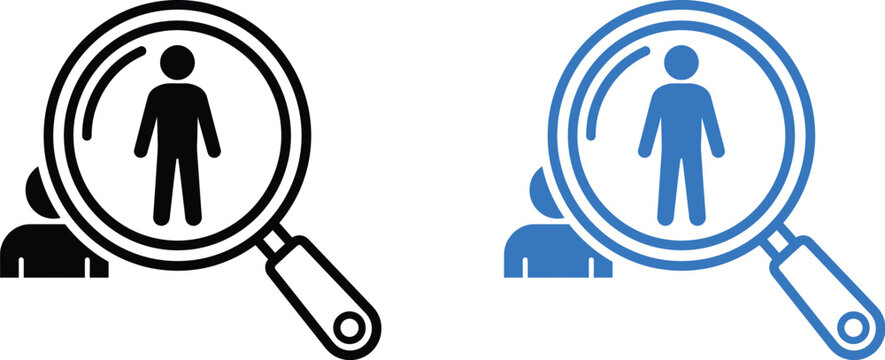 Magnifying glass icon searching for a person or human resource candidate symbol
