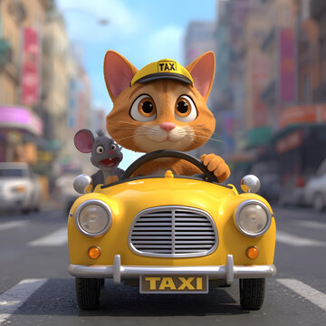 Cute 3D Cartoon Orange Cat Driving a Yellow Taxi 