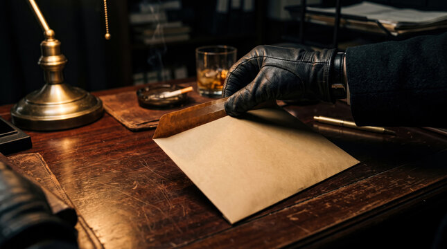 A person wearing black leather gloves opening a manila envelope on a dark wooden desk with a glass of whiskey