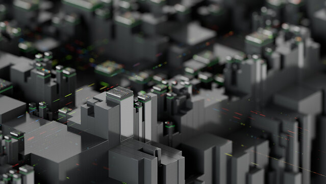 Abstract macro technology background, server blocks with glowing green led circuits and copy space. 3d rendering illustration not AI
