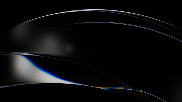 Abstract glass wave with chromatic aberration, transparent twisting ribbon on black background. 3d rendering illustration not AI