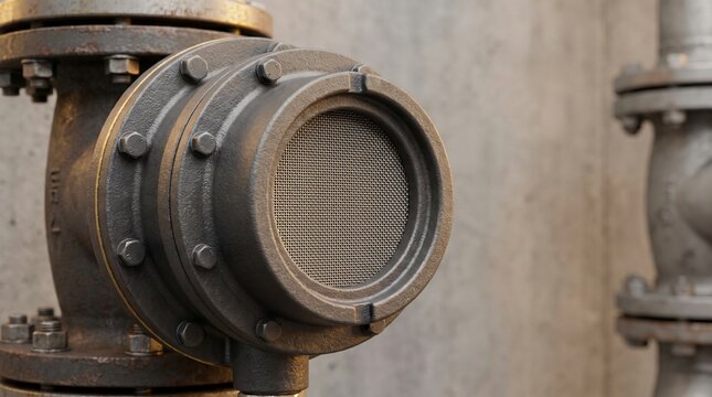 Macro detail of heavy duty cast metal explosion proof hazardous location sensor housing with flame arrestor screen mounted on industrial oil and gas refinery pipeline flanged joint