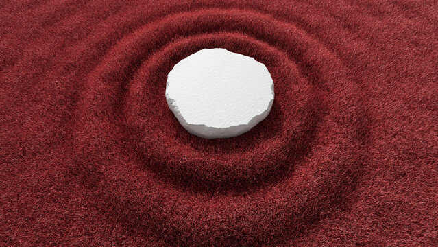 Round stone podium on red grass waves with copy space for product presentation. 3d rendering illustration not AI