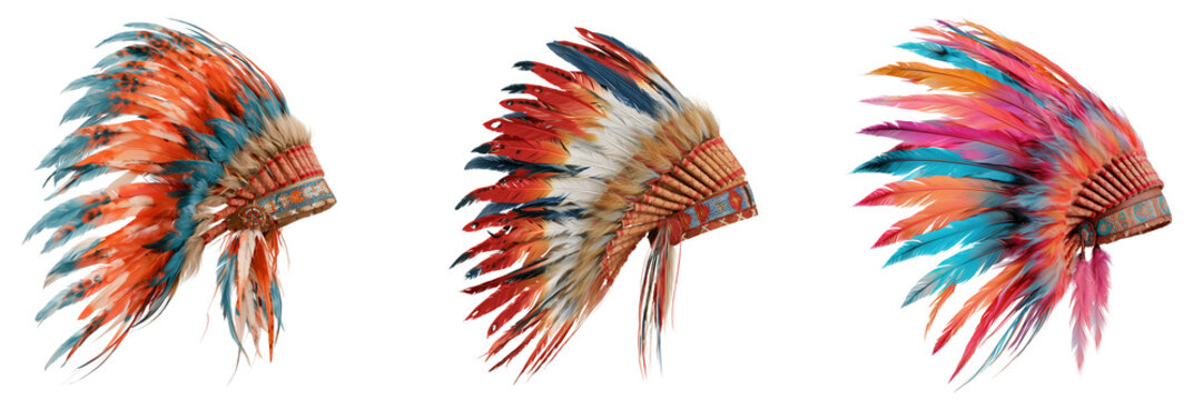 Set of Colorful Native American Style Feather Headdress with Beaded Band transparent PNG background. Ai generated