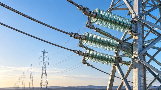 Power line towers with glass insulators on high voltage wires. Electricity pylon against blue sky at sunset. Energy transmission infrastructure concept for power industry.
