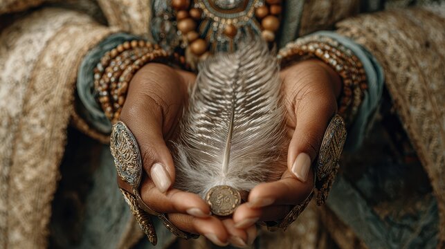 Faceless woman holds feather and wears bohemian jewelry while standing in a natural setting during daylight