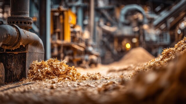 Wood chip processing at a paper mill facility with pulping equipment during daylight hours