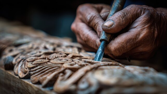 Close up of craftsman hands working on wood carving with sharp chisel in a workshop