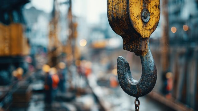 Crane hook lifts pipe section over trench rigging at construction site during daytime