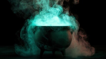 Obraz premium Dark mystical cauldron filled with glowing blue smoke mist creating magic and mysterious atmosphere on black background
