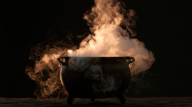 Dark black iron cauldron with swirling yellow and white smoke rising against black background on wooden surface