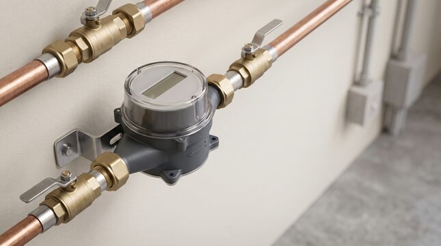Smart water meter with digital usage display and precision flow sensor, residential utility technology for water conservation, household consumption tracking, metering & efficient resource management
