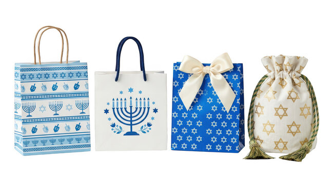Set of four hanukkah gift bags and a drawstring pouch with star of david and menorah designs isolated on transparent background