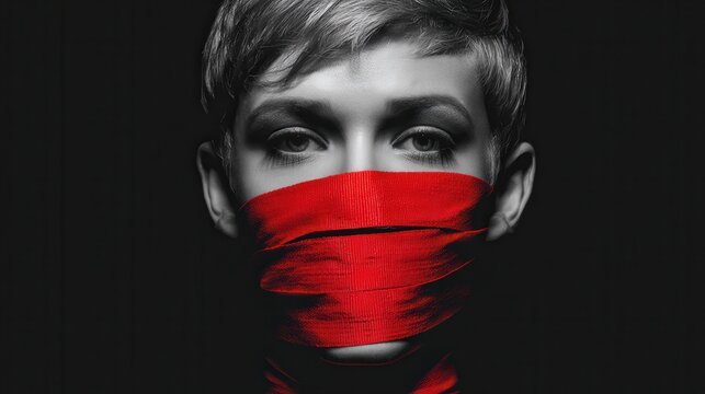 Person with red tape over mouth symbolizes censorship in dark setting