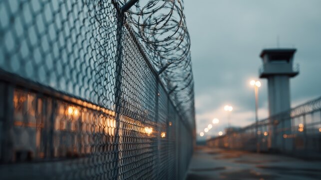 Exterior view of a modern prison facility surrounded by high fence and barbed wire during dusk