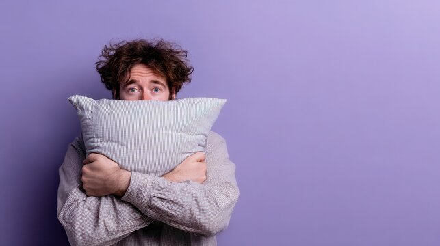 Portrait of a faceless person holding a pillow while looking exhausted and sleepy in a purple room