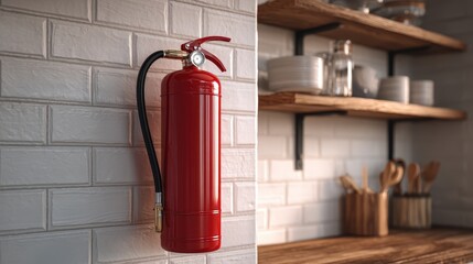 Fototapeta premium Red fire extinguisher mounted in a modern kitchen on a wall near kitchen shelves with dishes and utensils