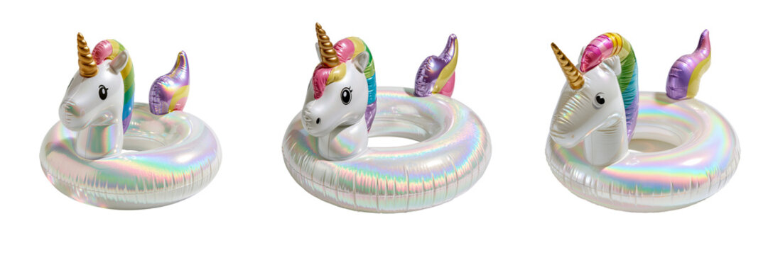 Set of Iridescent Inflatable Unicorn Pool Float with Gold Horn transparent PNG background. Ai generated