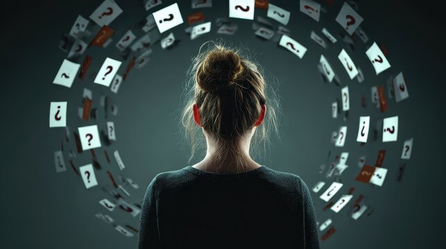 Creative concept of a young faceless woman surrounded by questions in a dark space