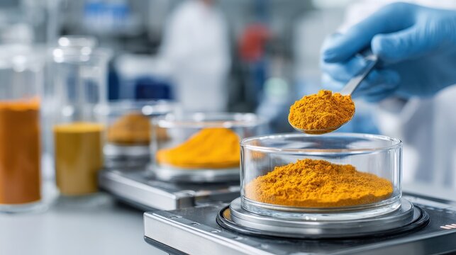 Weighing vibrant orange plant extract in a laboratory setting with precise measurements and multiple samples on display