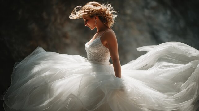 Bride twirling in her wedding dress on her wedding day surrounded by a stunning backdrop with soft light highlighting her movements