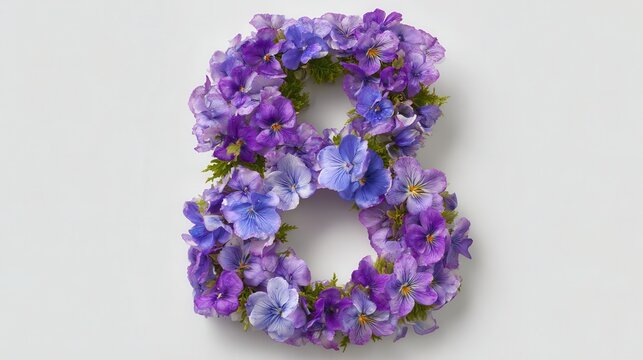 Card shaped like number eight made of violet flowers for a celebration