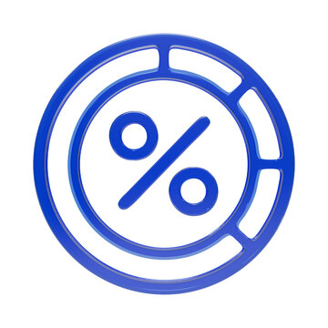 Blue 3d render of a circular percentage pie chart or discount coin with a percent sign for commerce isolated on a transparent background