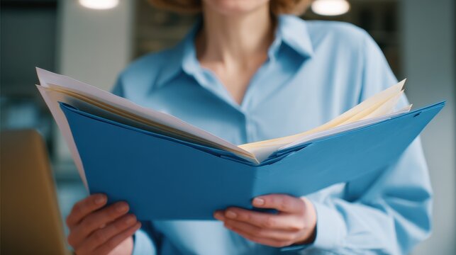 Woman examining information in a folder while standing in an office during the day